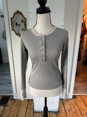 Grey Ribbed Henley Long Sleeve Top | XS